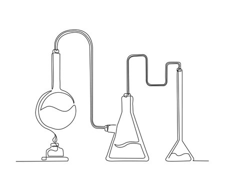 Continuous one line drawing of laboratory test tube and glass ware. Simple illustration of  laboratory equipment line art vector illustration.のイラスト素材