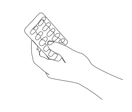 Continuous one line drawing of hand holding medical pills or capsule. simple medical drug pharmacy care line art vector illustration.のイラスト素材
