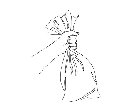 Continuous one line drawing of hand holding money bag. simple money bag line art vector illustration.Saving, Investment and finance bank concept.のイラスト素材