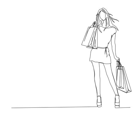 Continuous one line drawing of pretty woman and holding paper bags after shopping . Young woman holding shopping bags line art vector illustration.のイラスト素材