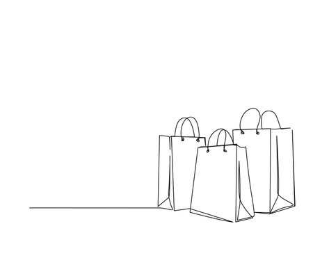 Continuous one line drawing of Shopping bags. Simple paper bag bags line art vector illustration.のイラスト素材