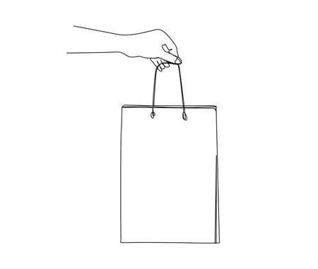 Continuous one line drawing of hand holding shopping bag. Simple paper bag line art vector illustration.のイラスト素材
