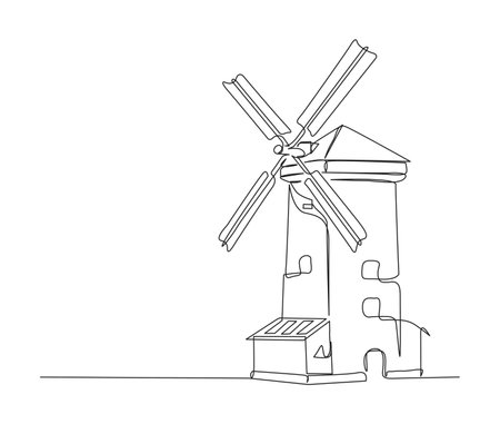 Continuous one line drawing of old vintage wind mill. simple old turbine tower outline vector illustration.のイラスト素材