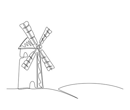 Continuous one line drawing of old vintage wind mill. simple old turbine tower outline vector illustration.のイラスト素材