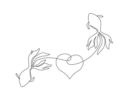 Continuous one line drawing of couple fish. Simple golden fish shapped love outline vector illustration.のイラスト素材