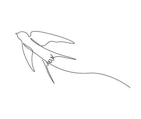 Continuous one line drawing of flying swallow bird. Simple barn swallow outline vector illustration.のイラスト素材