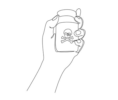 Continuous one line drawing of hand holding poison in bottle. Bottle of poison line art vector illustration.のイラスト素材