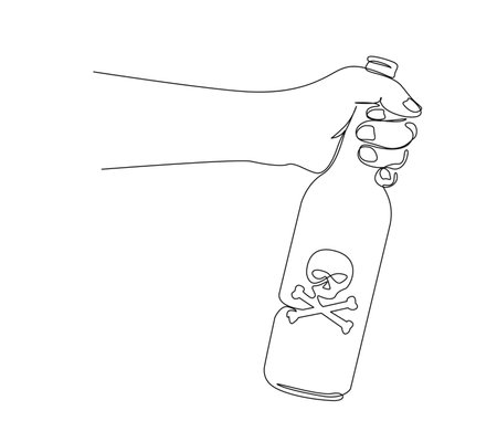 Continuous one line drawing of hand holding poison in bottle. Bottle of poison on hand line art vector illustration.のイラスト素材