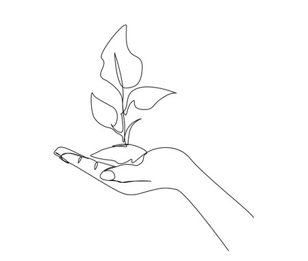 Continuous one line drawing of hand holding growing plant. Hand holds plant, go green concept line art vector illustration.のイラスト素材