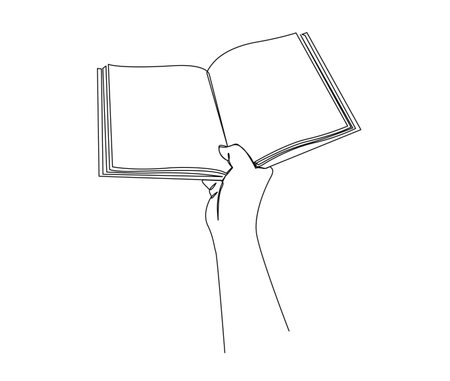 Continuous one line drawing of hand holding book. Reading book line art vector illustration.のイラスト素材