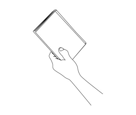 Continuous one line drawing of hand holding book. Hand holds novel line art vector illustration.のイラスト素材