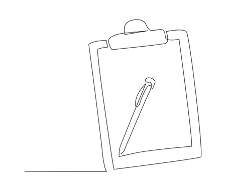 Continuous one line drawing of clipboard and pen. simple clipboard line art vector illustration. Editable stroke.のイラスト素材