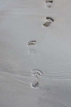 footprints in the wet sand of a beachの写真素材
