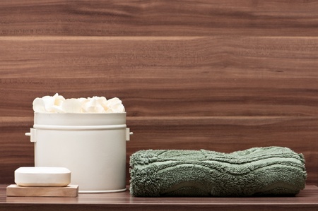 arrangement of soap, towel and blossomsの写真素材