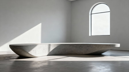 Modern minimalist concrete podium in an empty architectural space, illuminated by an elegant arched window and dramatic natural light.の素材
