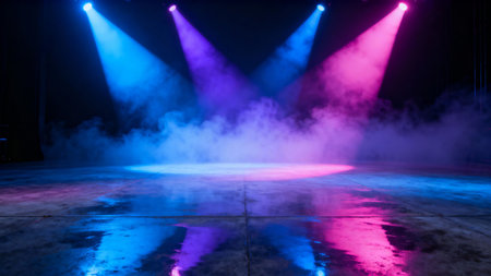 Vibrant stage lighting with blue, purple, and pink spotlights piercing through thick smoke, creating an atmospheric, theatrical ambiance perfect for concerts and events.の素材