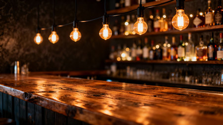 Warm rustic wooden bar counter illuminated by vintage Edison light bulbs, creating a cozy and inviting ambiance with blurred liquor bottlesの素材