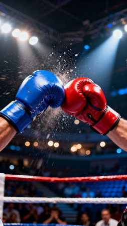 Intense moment of impact as blue and red boxing gloves collide with powerful force, splashing sweat and dust in a professional fight arena.の素材