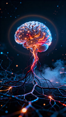 Captivating abstract visualization of a glowing human brain depicting vibrant neural activity and complex digital connections, symbolizing artificial intelligence, data, innovationの素材