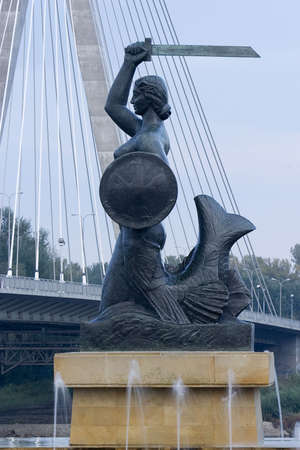 Mermaid Statue on Vistula River shore, symbol of Warsaw, Polandの写真素材