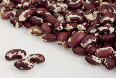 Purple and white Anasazi beans. Three seeds separated from the crowd. White background.