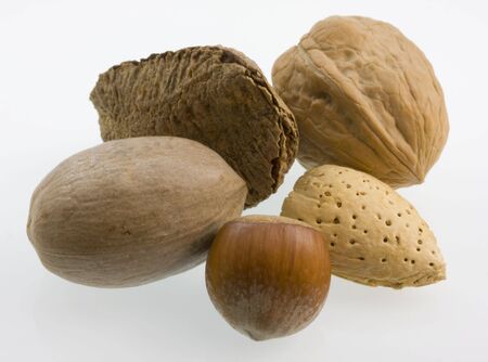 Macro of five nuts in shells - walnut, hazelnut, pecan, almond, and Brazilian on white backgroundの写真素材
