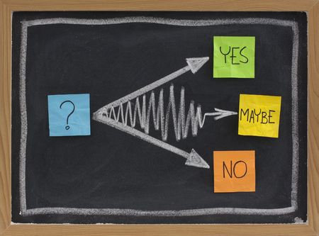 yes, no, maybe - hesitation or undecided concept, color sticky notes and white chalk drawing on blackboardの写真素材
