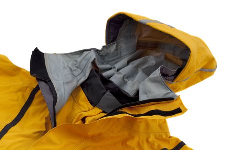 hood and collar of waterproof sea kayaking jacket (anorak) , focus on double closure  and neck...