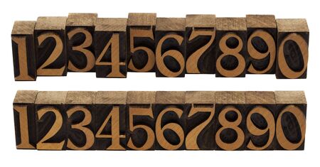 ten arabic numerals 0-9 in vintage wood letterpress blocks stained by black ink,, flipped...
