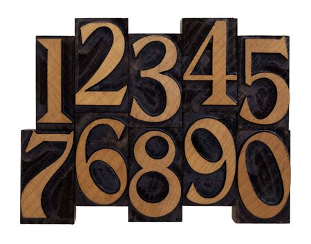 ten arabic numerals 0-9 in vintage wood letterpress blocks stained by black ink, flipped...