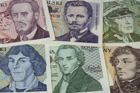 historical portraits (including Chopin and Copernicus) on vintage banknotes from Poland (1970s)のeditorial素材