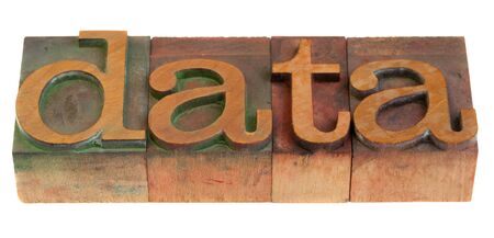 data word in vintage wooden letterpress printing blocks isolated on whiteの写真素材