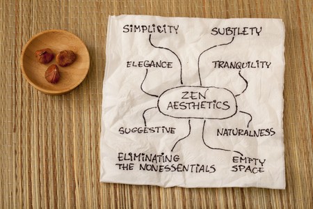 zen aesthetics values - napkin sketch with a bowl of snack nuts against grass mat background