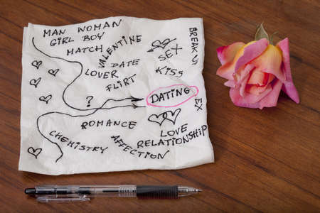 dating, love and romance - napkin doodle, wooden table with beautiful pink and yellow roseの写真素材