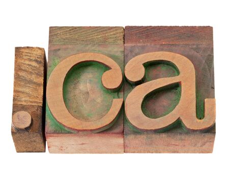 dot ca - internet domain for Canada in vintage wooden letterpress printing blocks, stained by color inks, isolated on whiteの写真素材