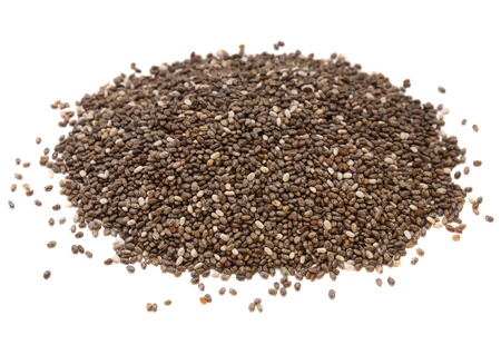 a heap of organic chia seeds rich in omega-3 fatty acids, side view on white,の写真素材