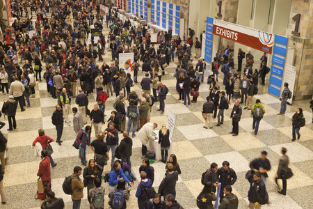 SAN FRANCISCO, USA, DECEMBER 7, 2011. Crowd of scientists at a break during American Geophysical Union Fall Meeting, Moscone Center, San Francisco, December 5-9, 2011, Californiaのeditorial素材