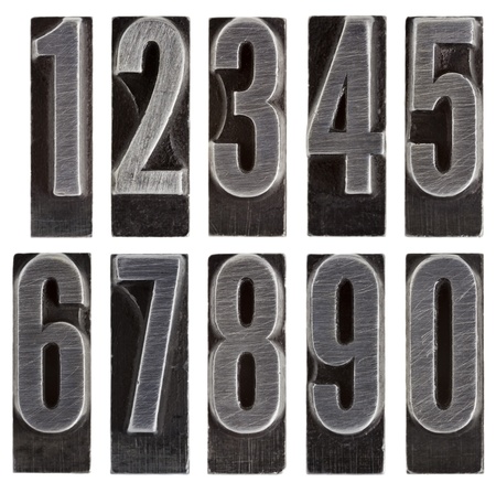 a full set of ten arabic numerals 0 to 9 in old grunge metal letterpress printing blocks isolated on...