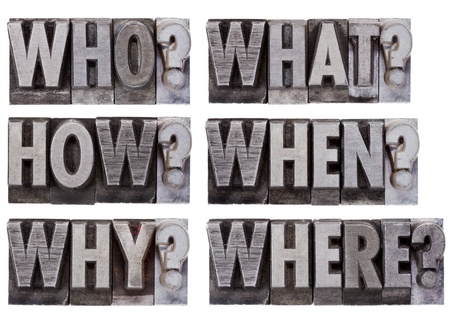 brainstorming or decision making questions - who, what, where, when, why, how - a collage of isolated words in vintage , grunge, metal letterpress printing blocksの写真素材