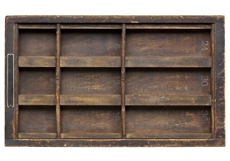 vintage wood  printer  (typesetter) drawer with dividers, isolated on white
