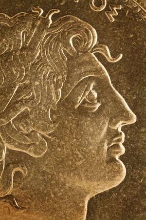 Alexander the Great profile portrait, Greek king of Macedon  - magnified detail from old scratched coinの写真素材