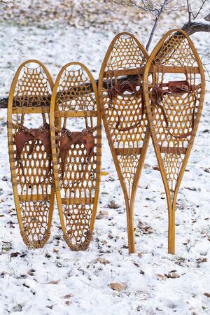 Bear Paw and Huron vintage wooden snowshoes with leather bindingの写真素材