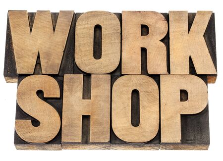 workshop - isolated word in vintage letterpress wood type blocksの写真素材