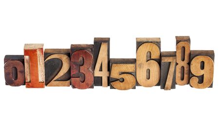 ten arabic numerals zero to nine in isolated vintage wood letterpress printing blocks, variety of...