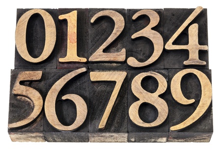 ten  numerals from 0 to 9 in vintage wood letterpress blocks stained by black ink, isolated on white