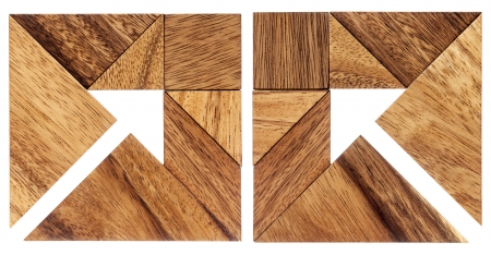 two abstract pictures of an arrow built from seven tangram wooden pieces, a traditional Chinese...