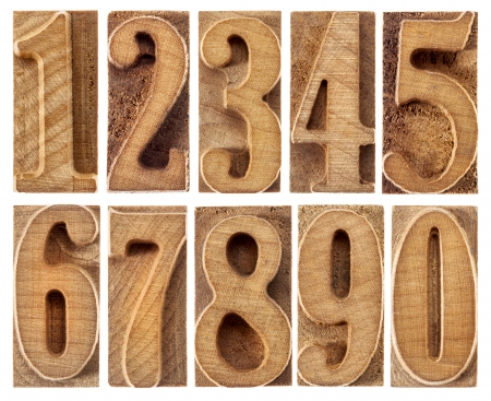 a set of isolated ten numbers from zero to nine in letterpress wood type printing blocksの写真素材