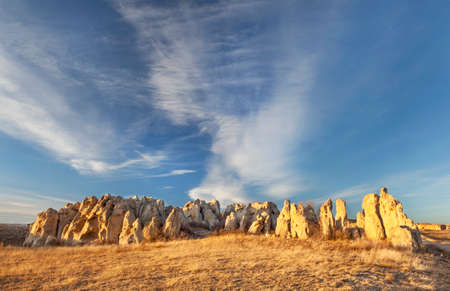 Natural Fort sculpted from sandstone (Oligocenne White River Formation) by erosion - geologic and historic landmark on Colorado prairie near Wyoming borderの写真素材