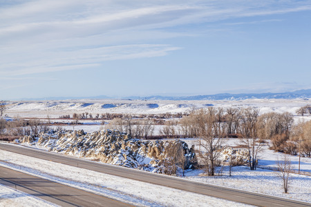 winter scenery at Natural Fort geological landmark in northern Colorado near Wyoming borderの写真素材