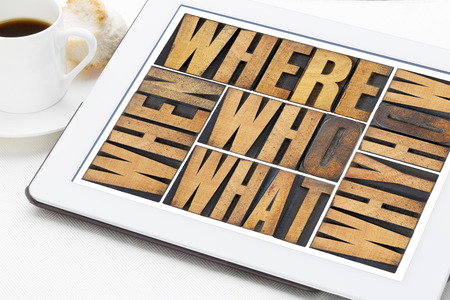 who, what, how, why, where, when, questions  - brainstorming or decision making concept - a collage of words in vintage letterpress wood type on a digital tablet with a cup of coffeeの写真素材